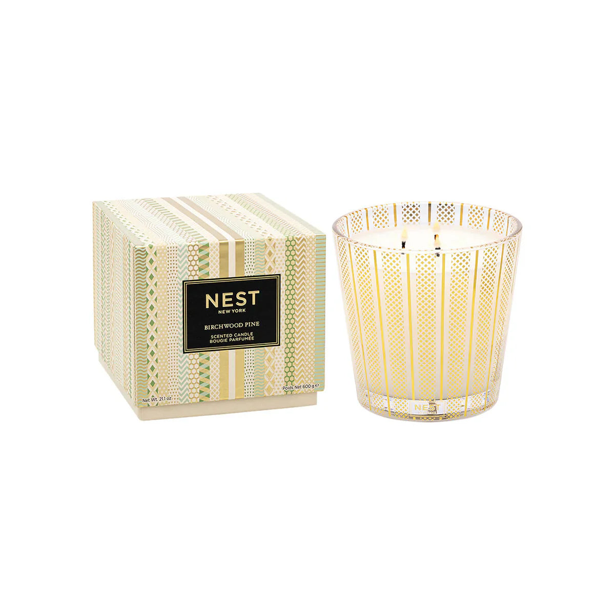Birchwood Pine Scented Glass Candle with Festive Geometric Design