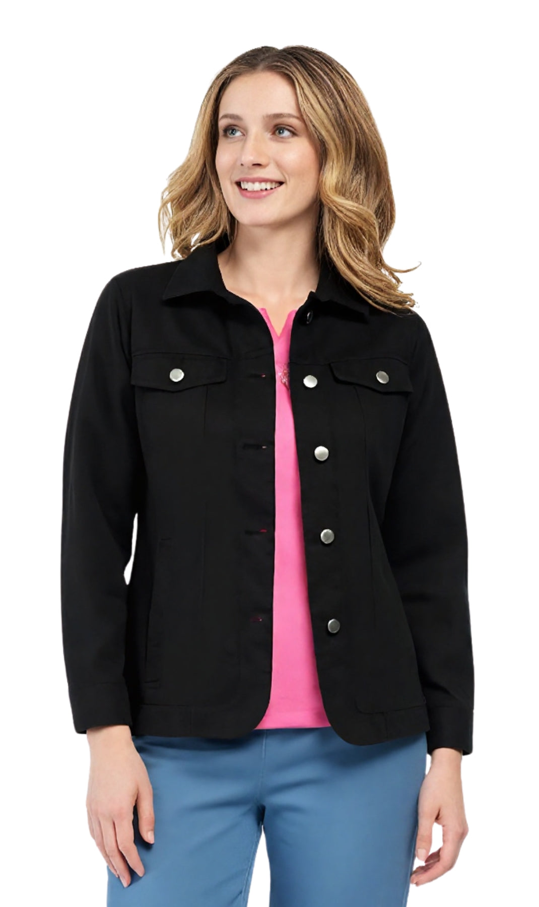 A minimalist women's brushed twill jacket in solid black with button-front and patch pockets.