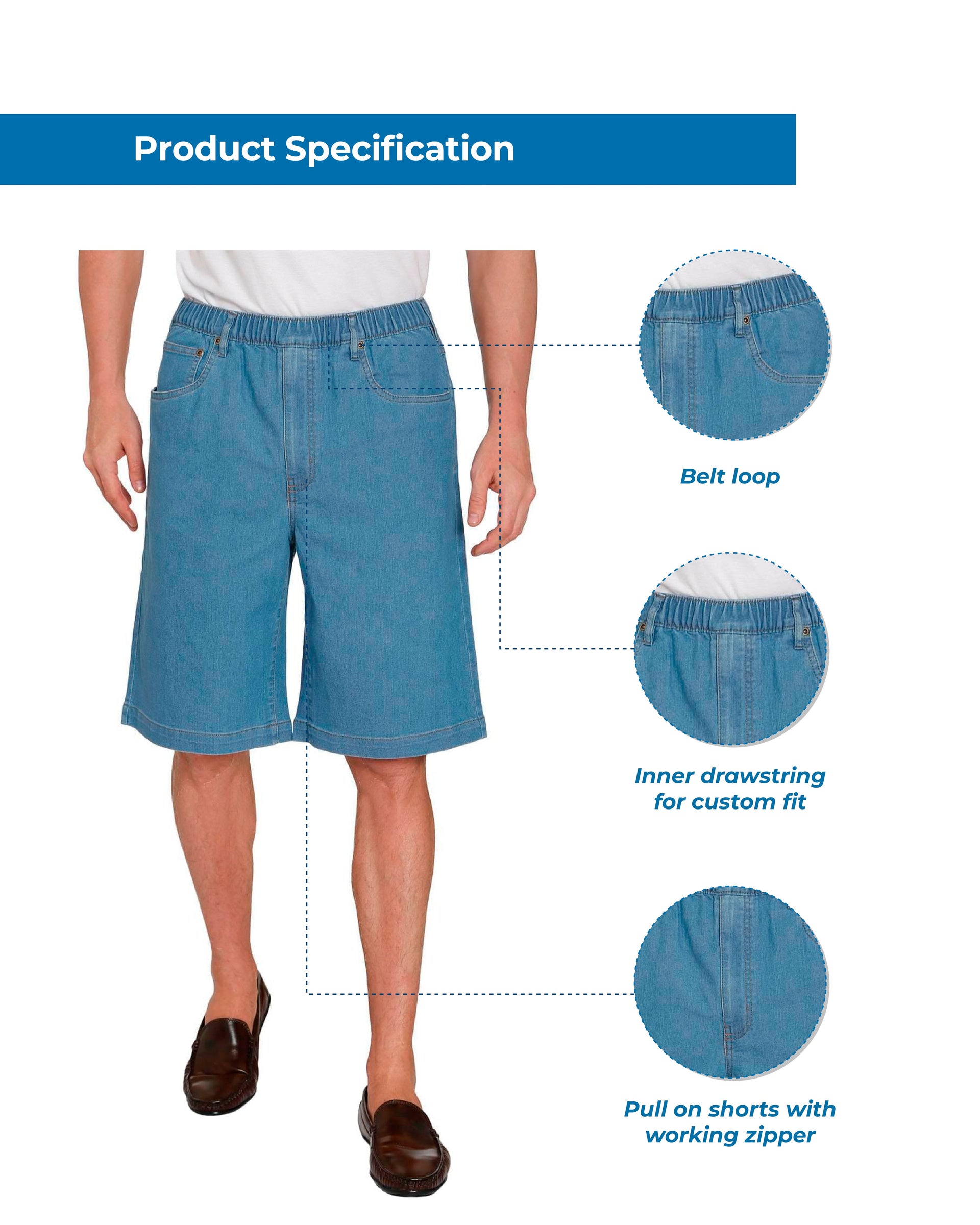 Men's Pull-On Stretch Denim and Twill Shorts with Elastic Waist