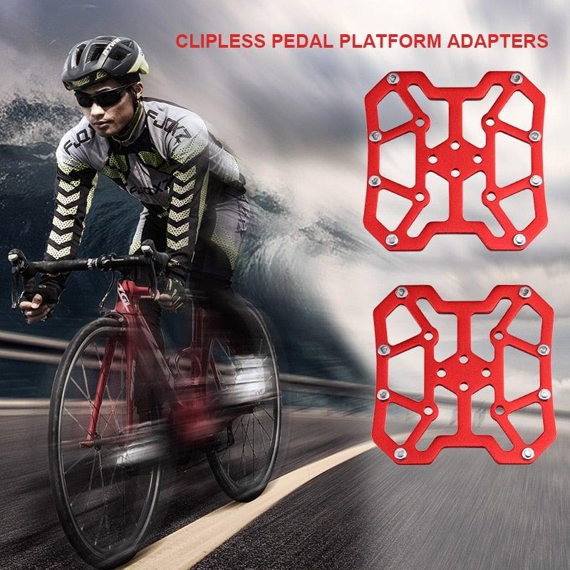 Universal clipless to platform bike pedal adapters in assorted colors made from aluminum alloy