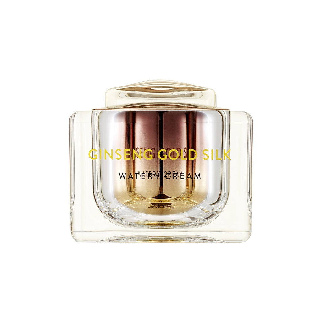 Nature Republic Ginseng Gold Silk Watery Cream in a premium glass jar with gold flakes visible