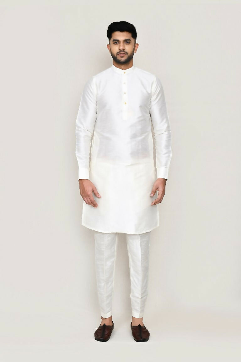 White Art Silk Kurta Set with Designer Jacket and Straight Pants
