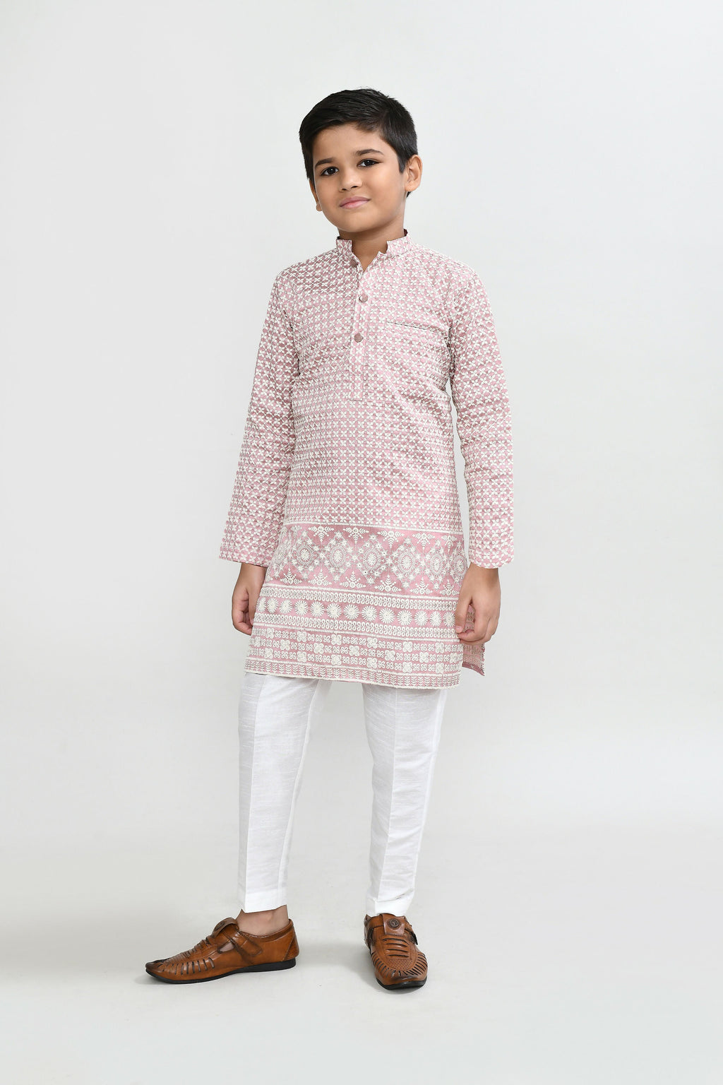 Elegant onion pink art silk kurta with coordinating white straight-fit pants