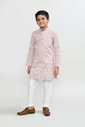 Elegant onion pink art silk kurta with coordinating white straight-fit pants