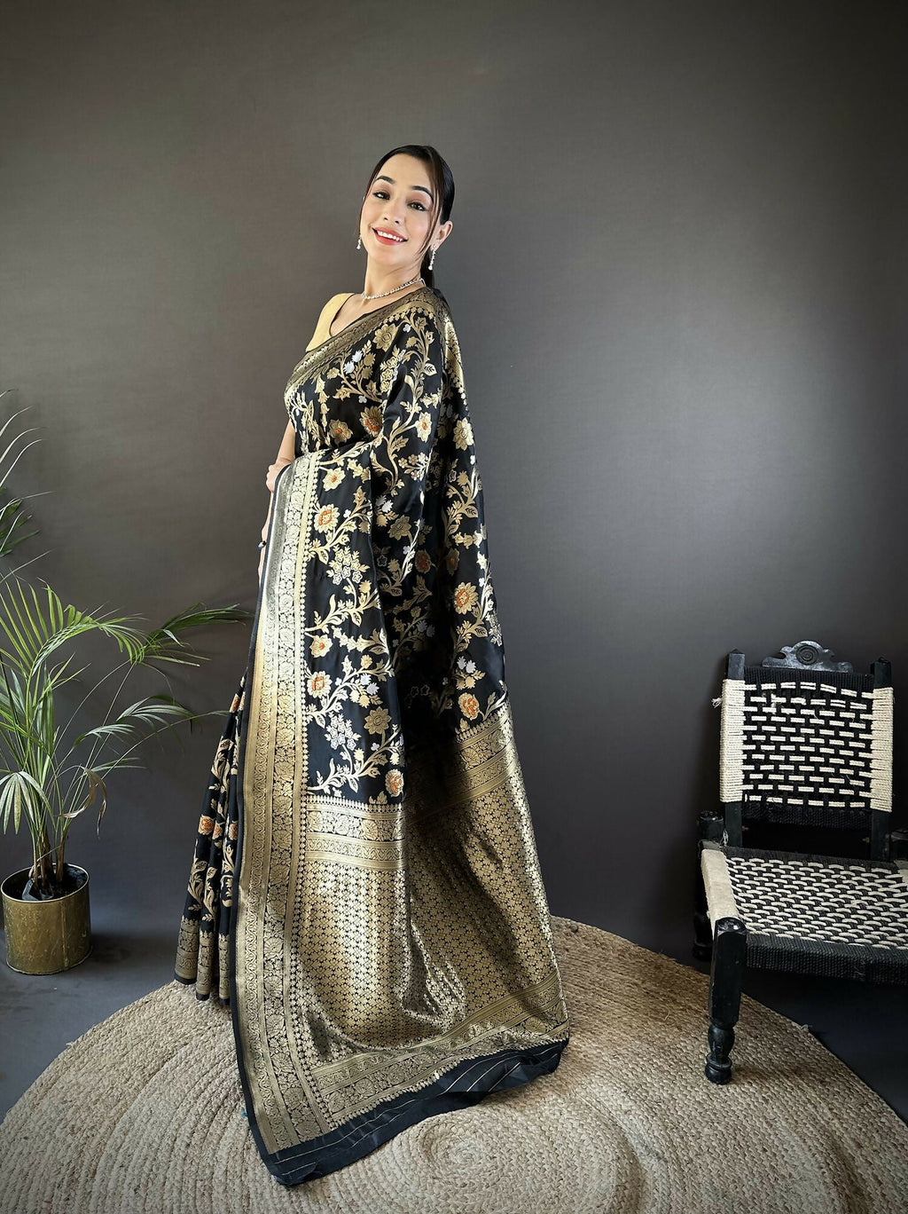Black Soft Silk Meenakari Banarasi Saree with Floral Motifs