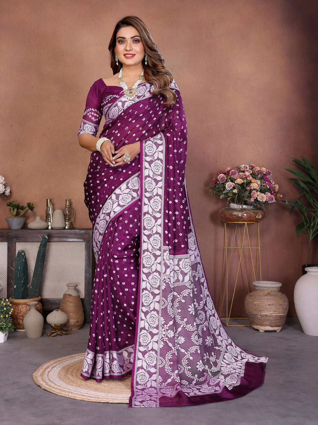 Wine Viscose Silk saree with authentic Handmade Bandhej design