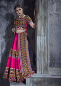 Pink Art Silk Navratri Lehenga Choli with black dupatta and intricate Gamthi mirror work