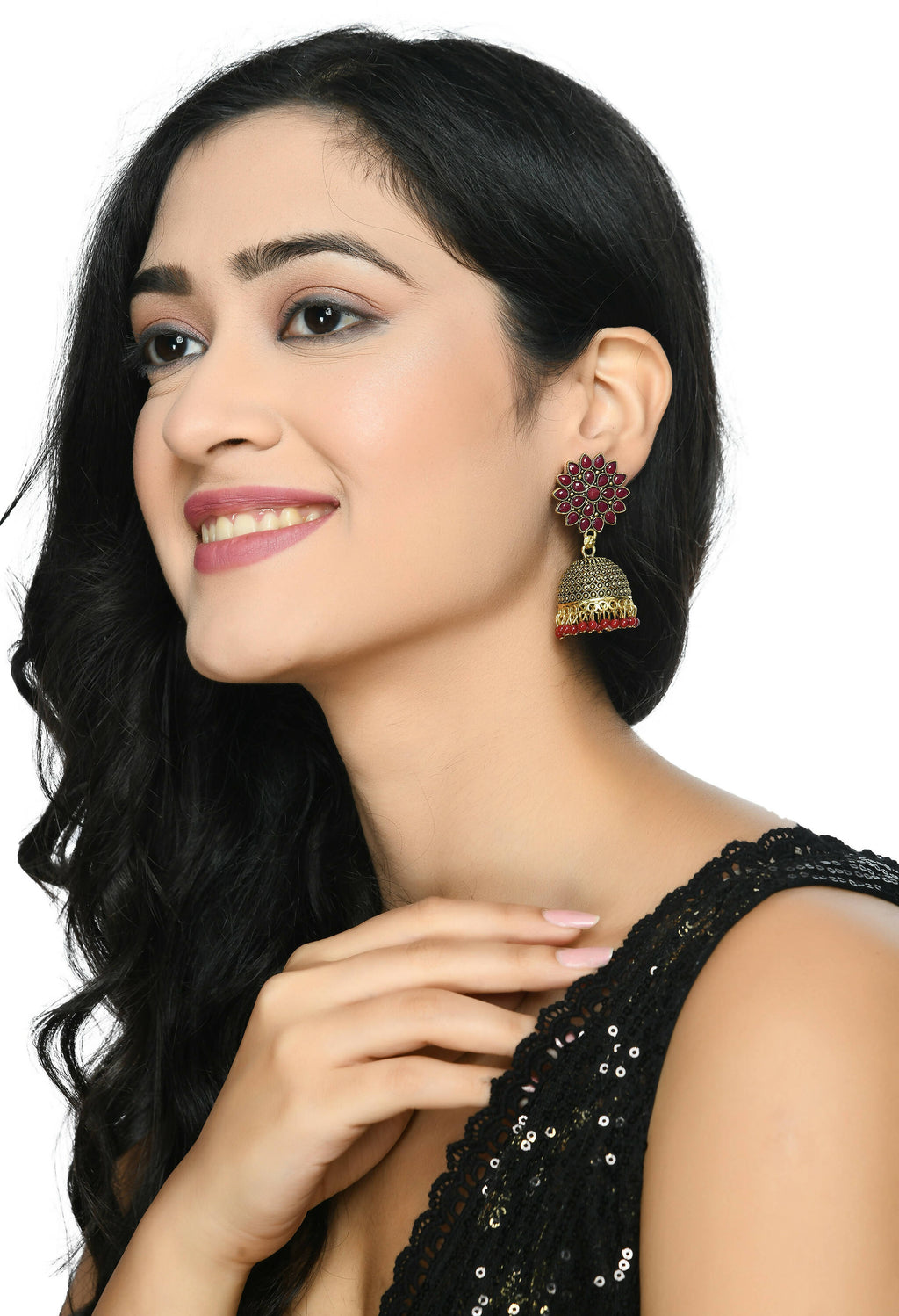 Joharkamal Kundan Jhumka Earrings with Maroon Beads - Gold Plated
