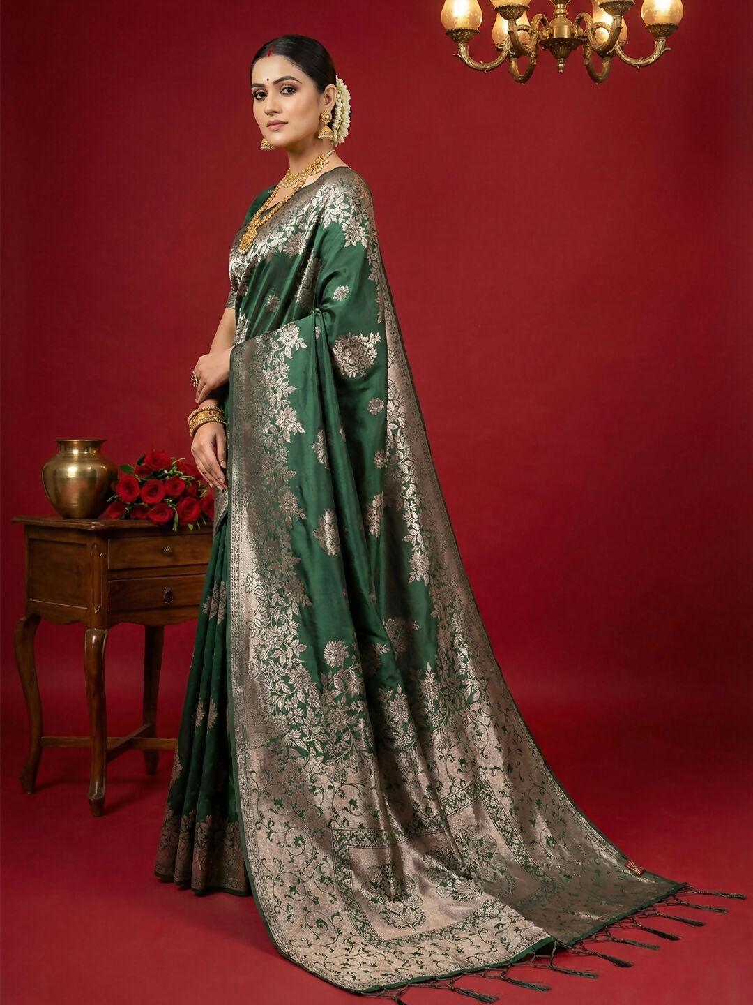 Dark Green Silk Blend Saree with Matching Blouse