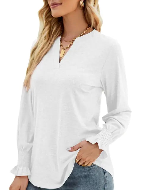 Women Long Sleeve V-Neck Lightweight Sweatshirt with Smocked Cuffs - Image 3