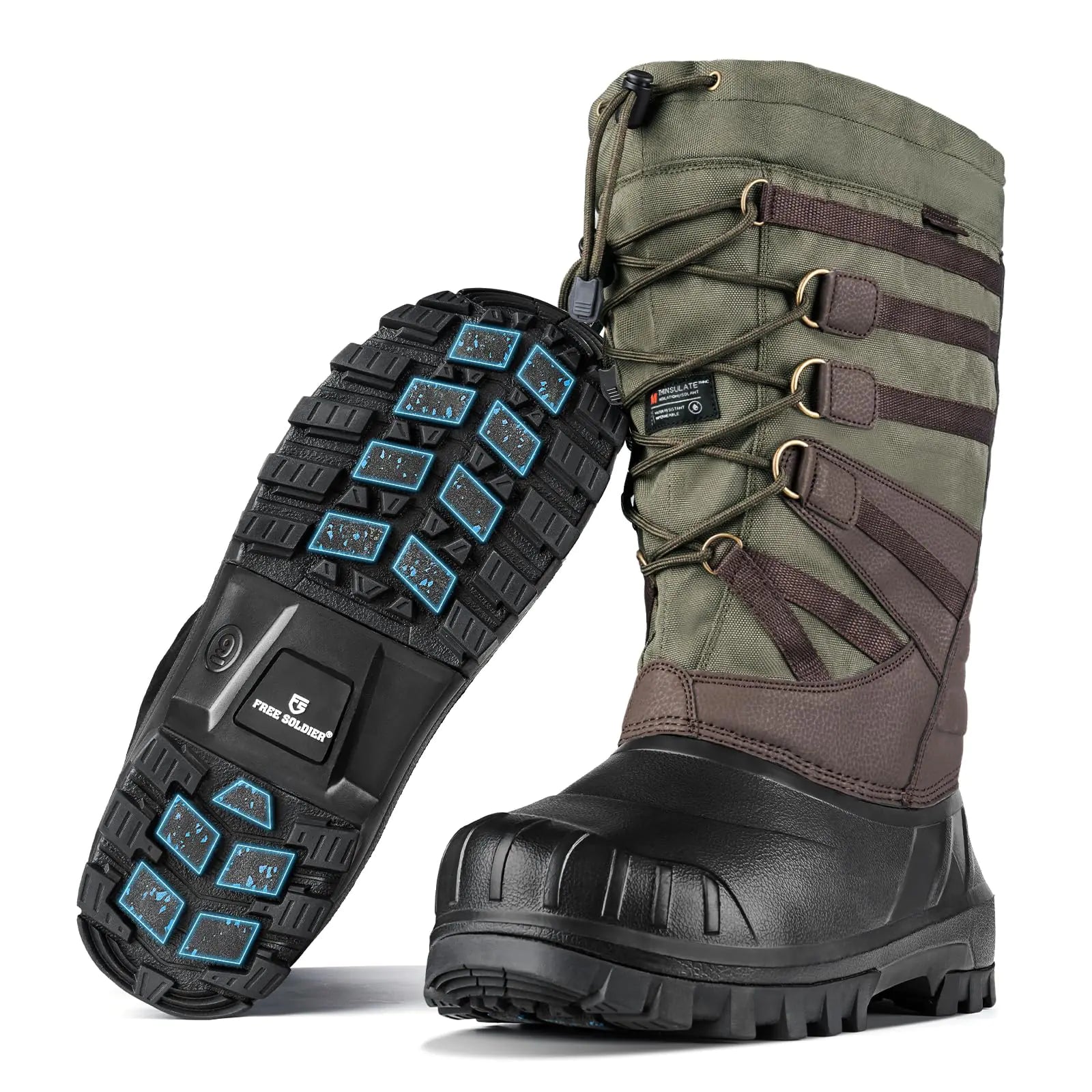 FREE SOLDIER Snow Boots for Men Waterproof Anti-slip 3M Lining Lightweight Tall Outdoor Warm Winter Work Boots (Green 10)