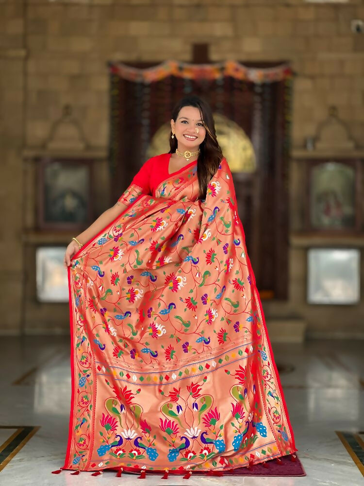 Red Kanjivaram Paithani Silk Saree with Zari Meenakari