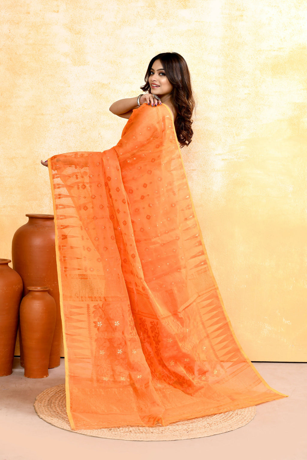 Orange Embellished Cotton Blend Jamdani Saree for Women