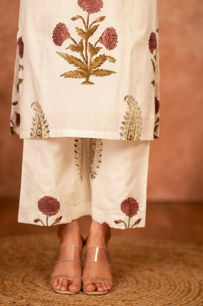 Off White Red Floral Hand Block Printed Cotton Kurta Pant Set