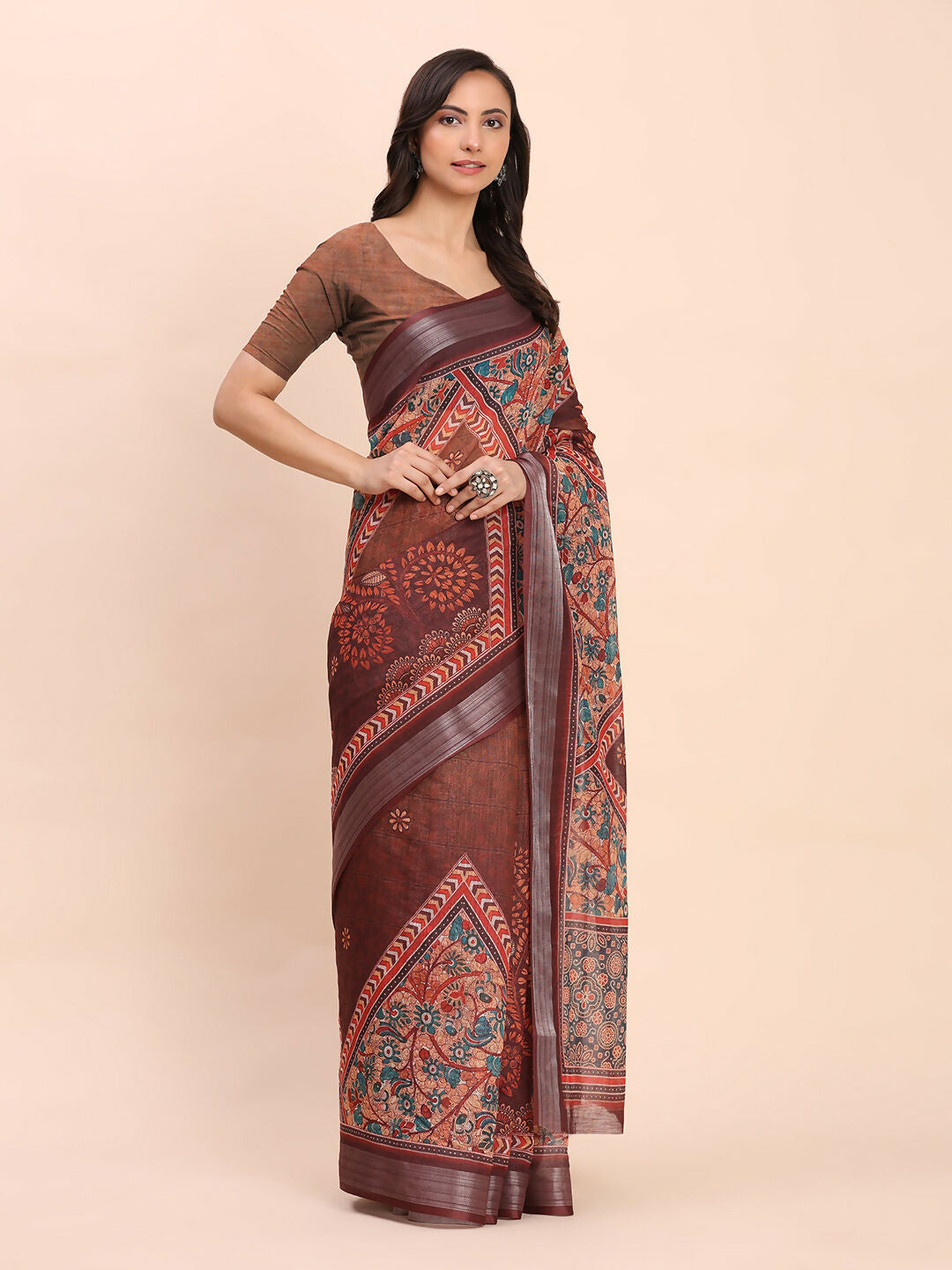 Breathable Brown Linen Cotton Saree with Matching Blouse