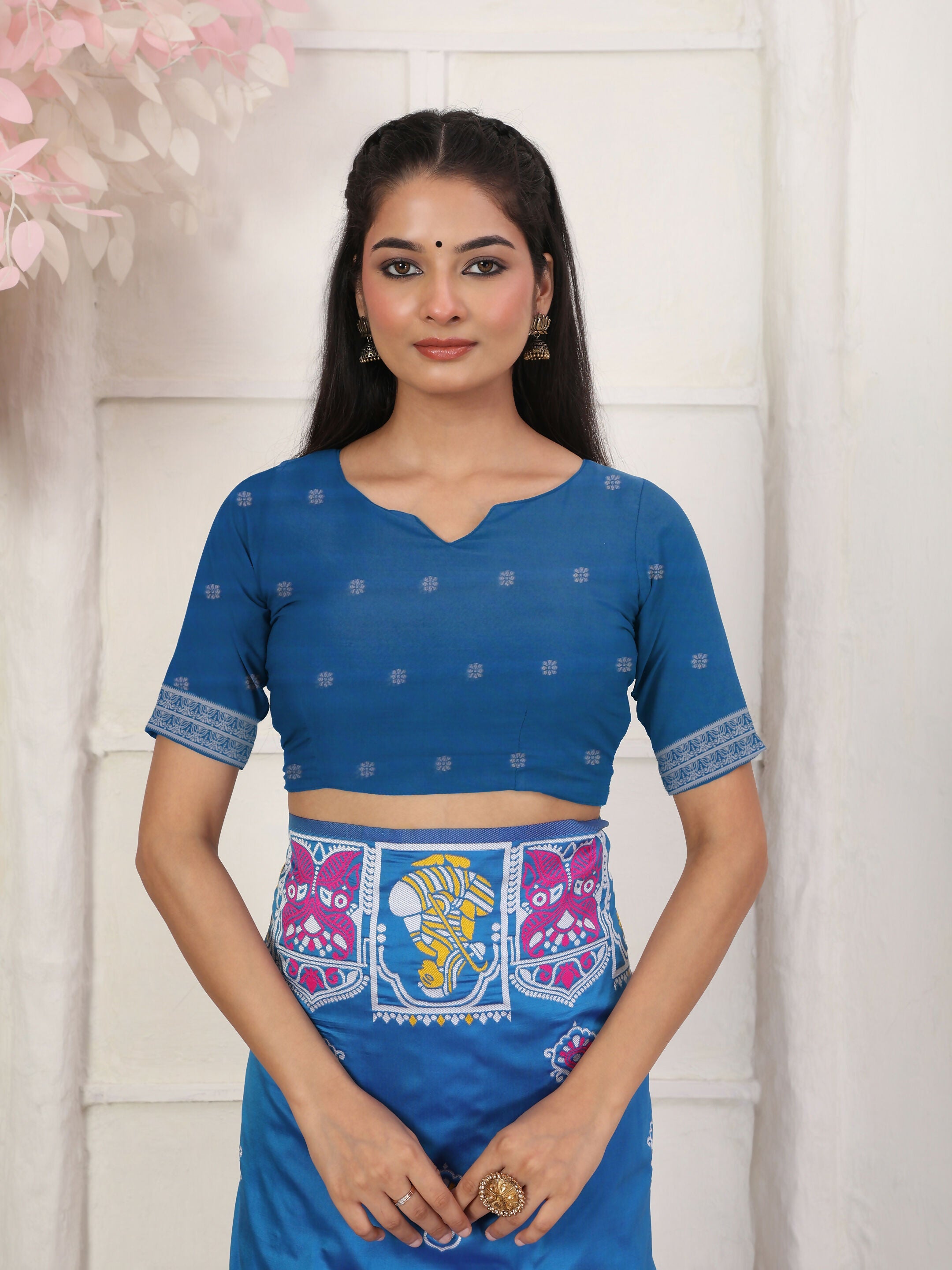 Silk Blend Blue Saree with Matching Blouse Fabric