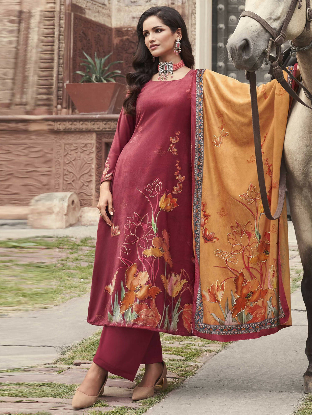 Women's Red Velvet Floral Digital Printed Straight Kurta Set