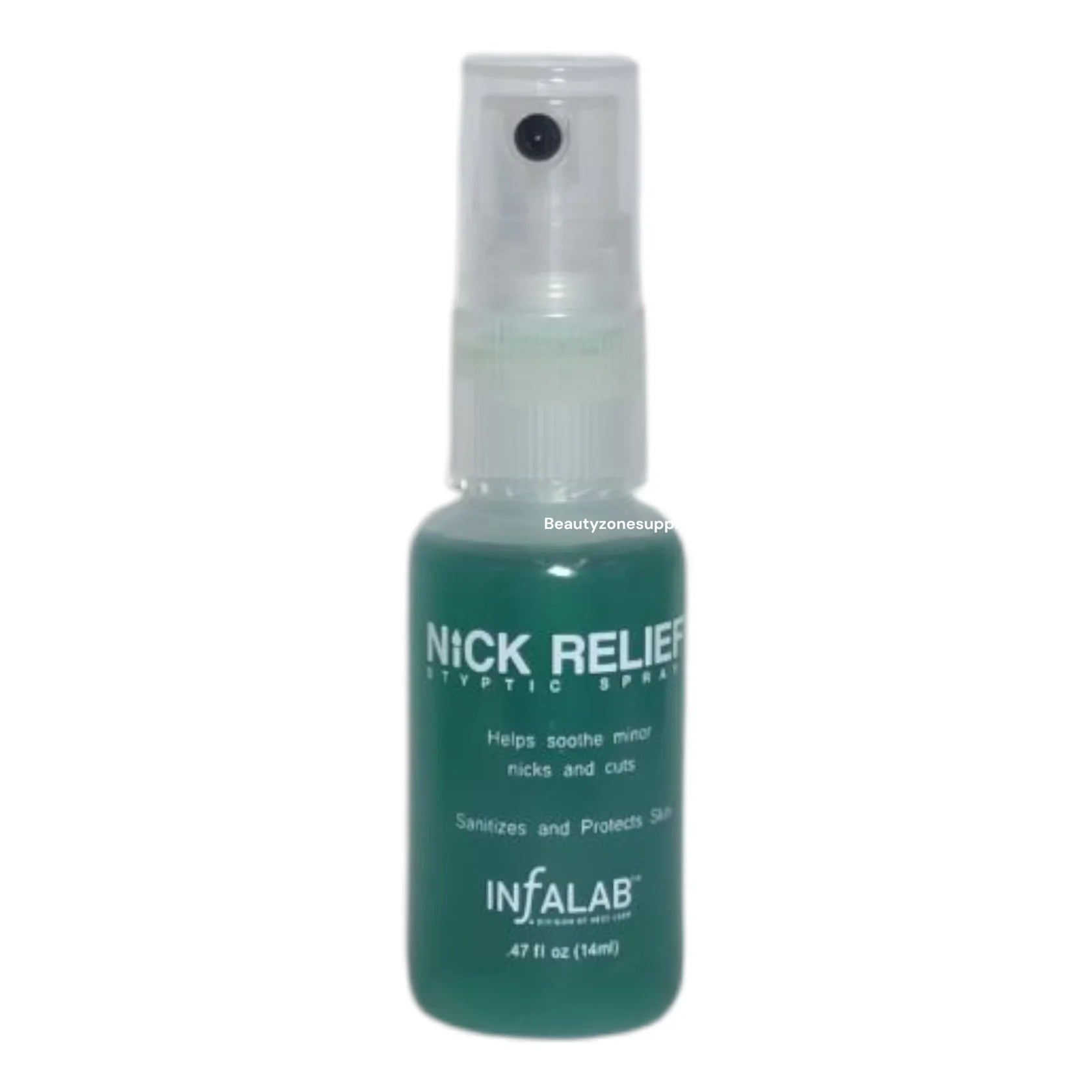 Deep teal bottle of Infalab Liquid Nick Relief Styptic Spray with white typography