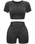 OLCHEE Womens Workout Sets 2 Piece - Seamless Acid Wash Yoga Outfits Shorts and Crop Top Matching Gym Athletic Clothing Set Short-sleeve + Shorts: Coffee Small