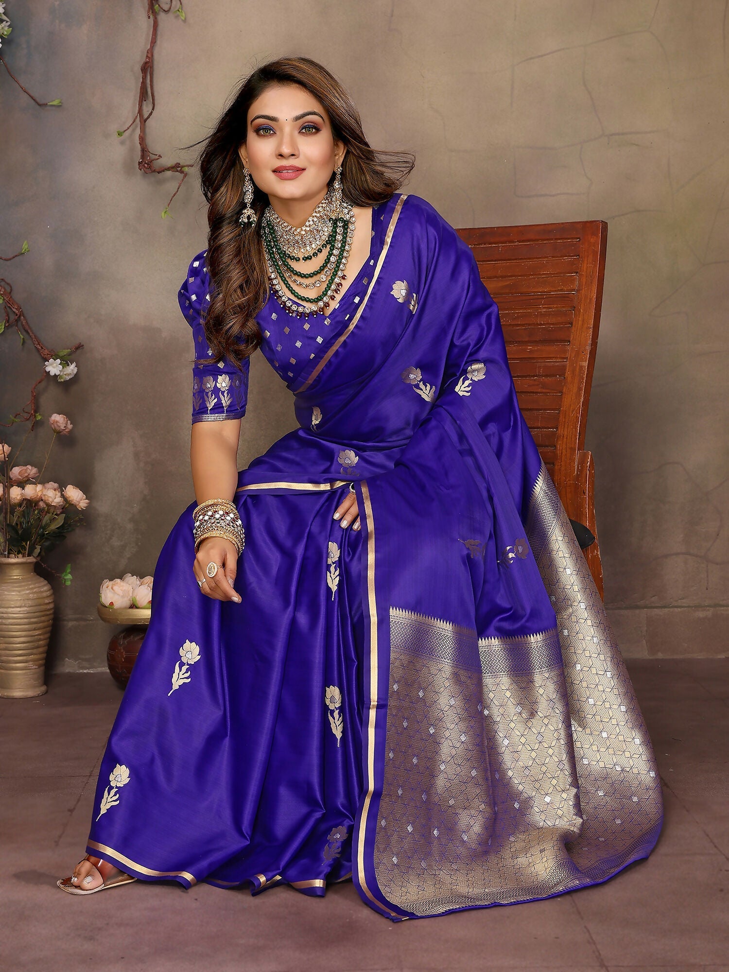 Indigo Blue Satin Silk Banarasi Saree with Floral Botanical Motifs