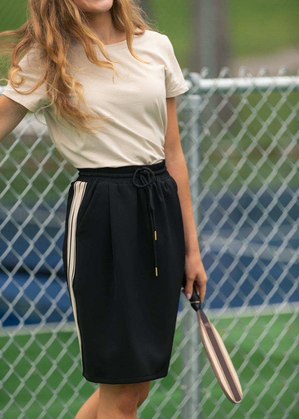 Nina Mid-Rise Track Skirt | Striped Sporty Knee-Length Skirt