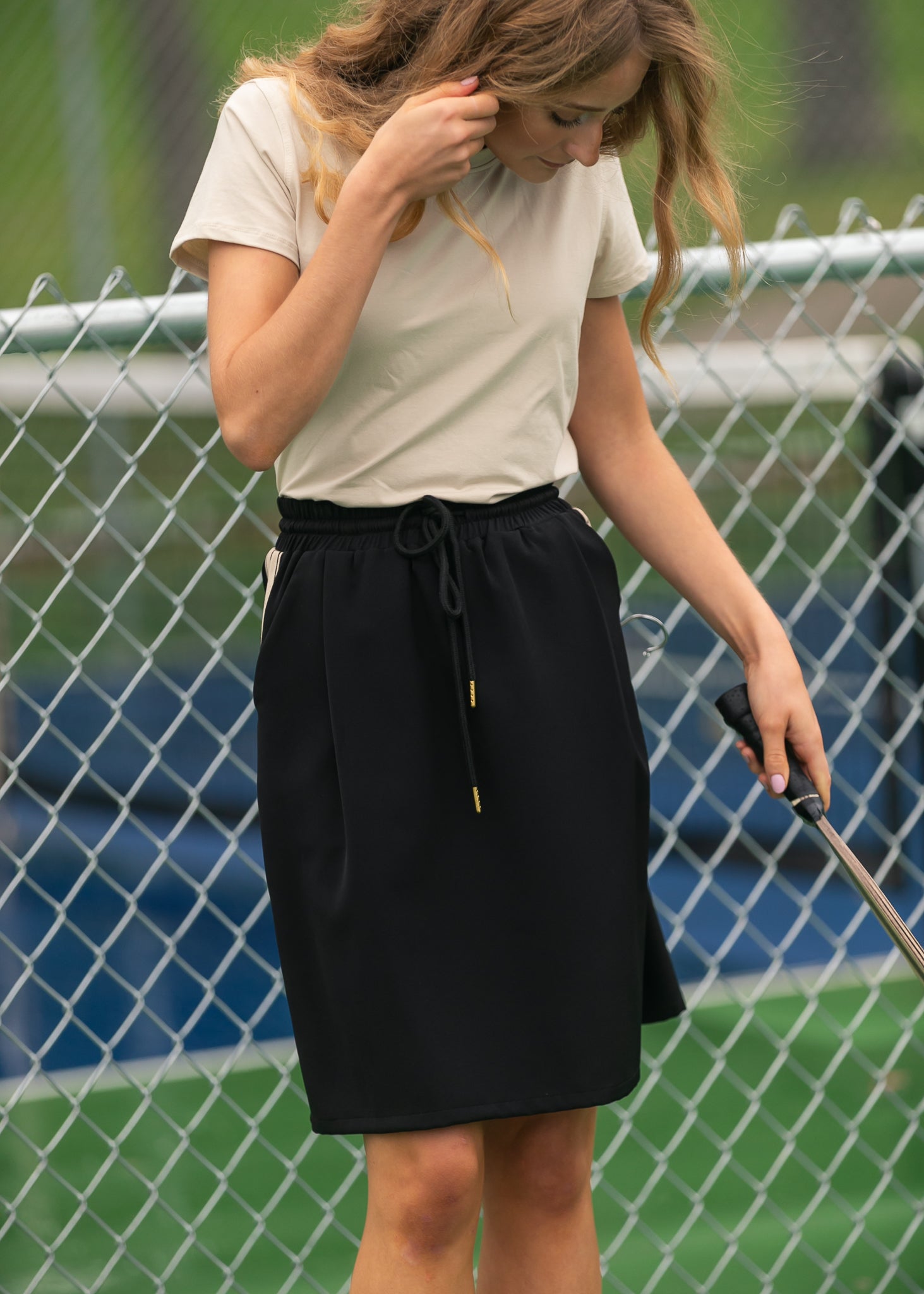 Nina Mid-Rise Track Skirt | Striped Sporty Knee-Length Skirt