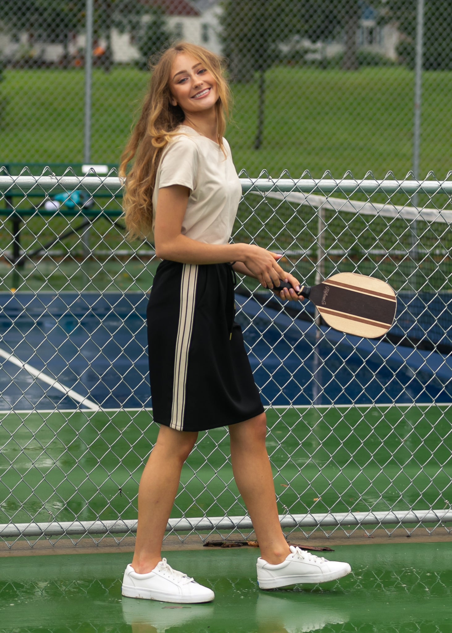 Nina Mid-Rise Track Skirt | Striped Sporty Knee-Length Skirt