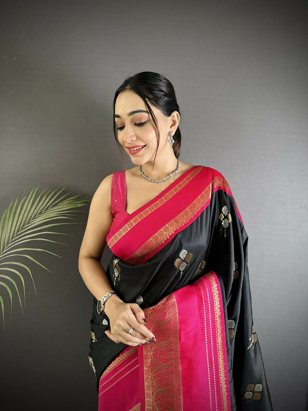 Joban Fashion Black Banarasi Soft Silk Woven Saree