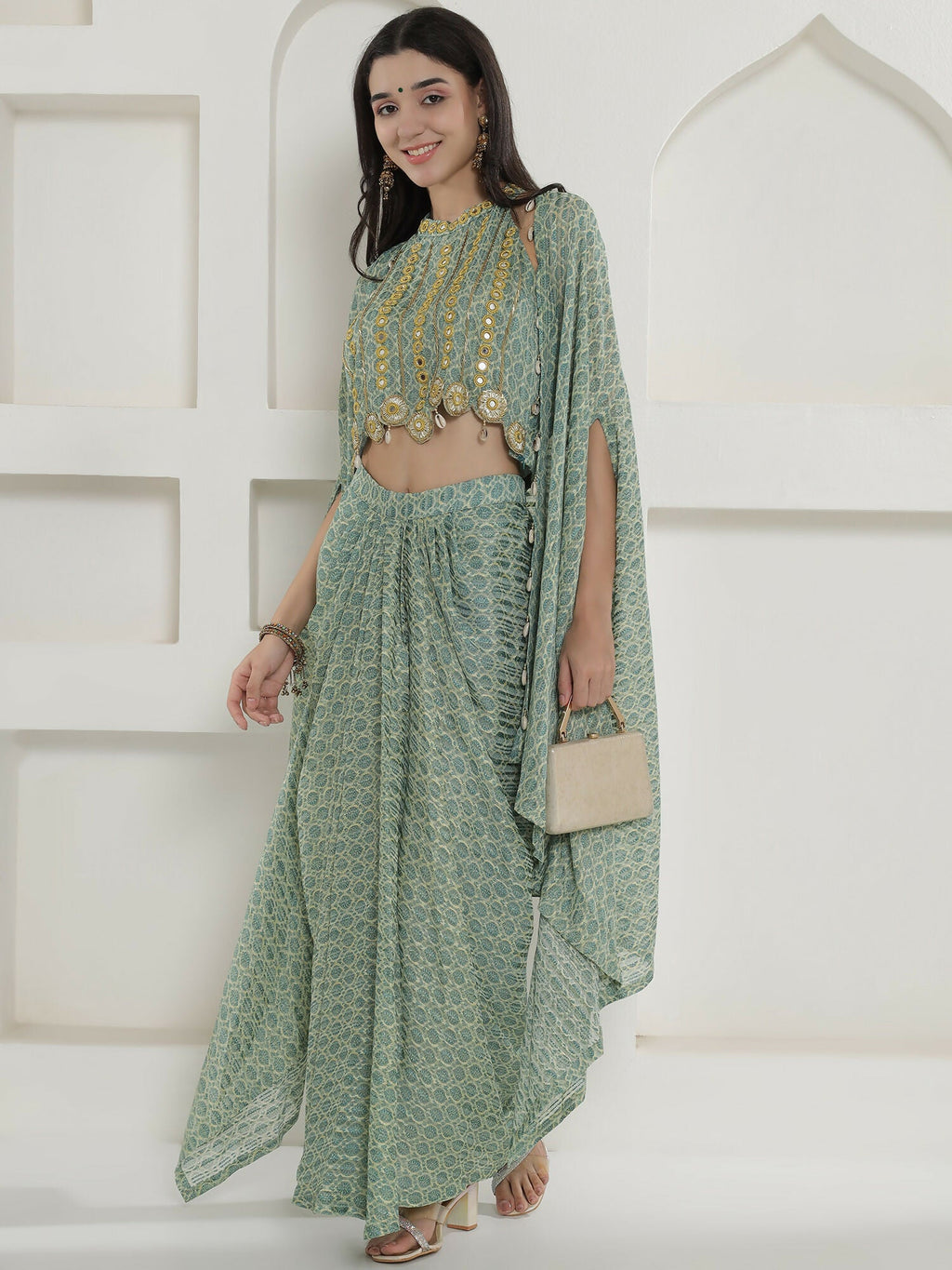 Joban Fashion Green Georgette Cape Inner And Shirt Set