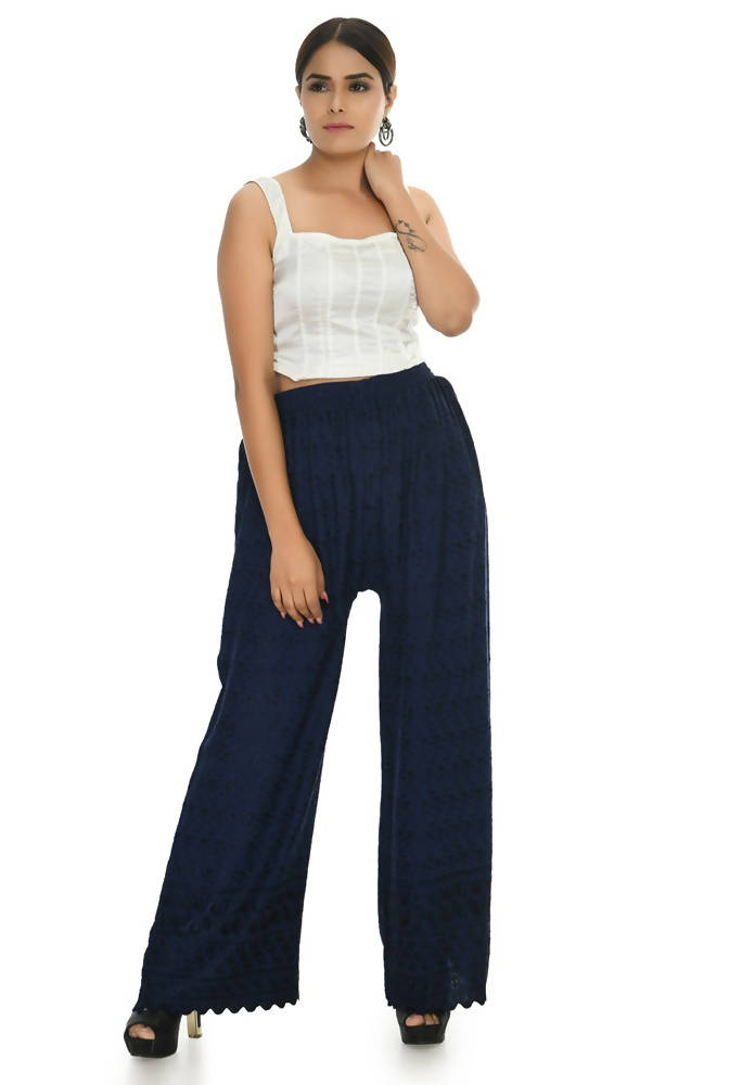 Navy Blue Rayon Cotton Palazzo with Traditional Chikankari Work