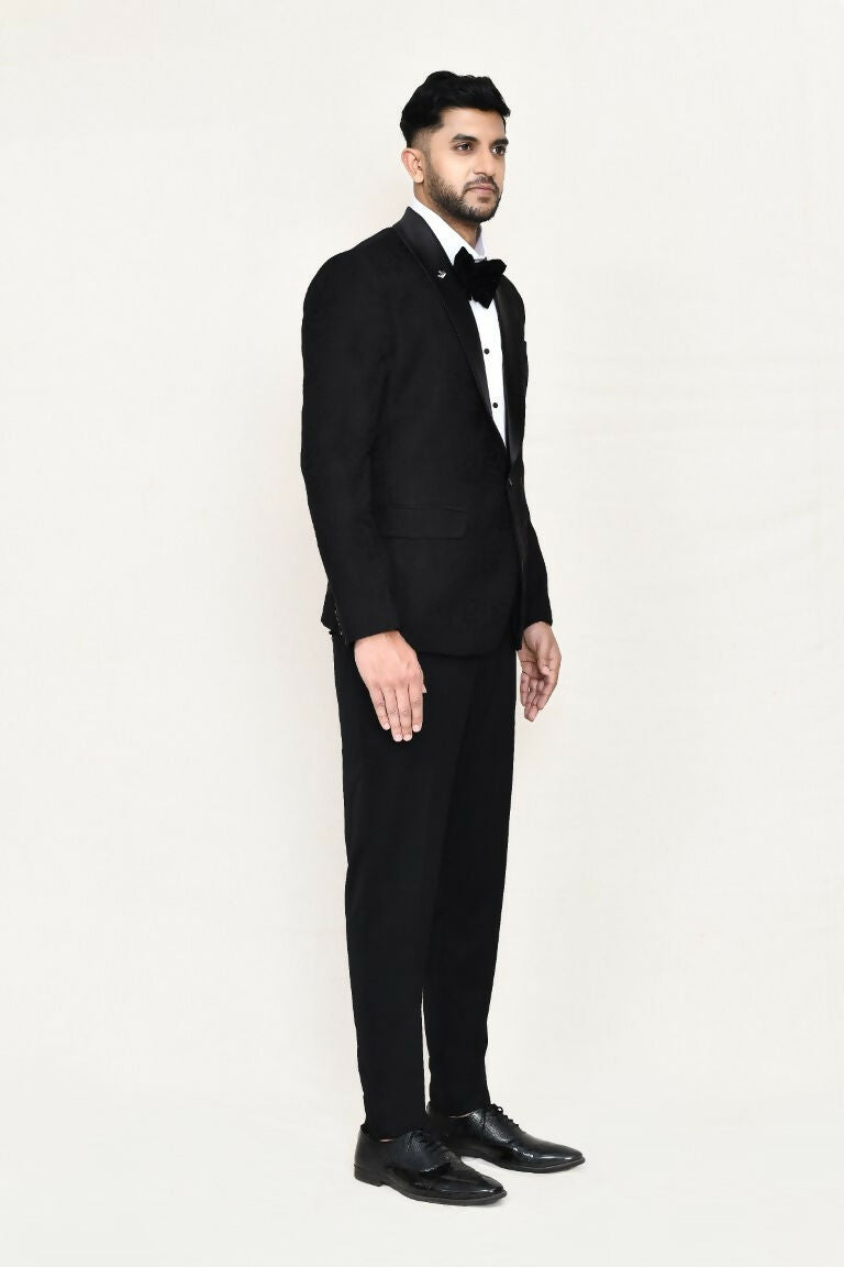 Black Satin Silk Coat Suit Set with Shirt and Bow Tie