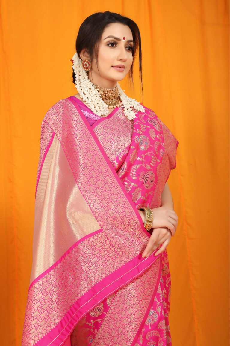 Rani Pink Kanjivaram Silk Zari Woven Saree with Matching Blouse