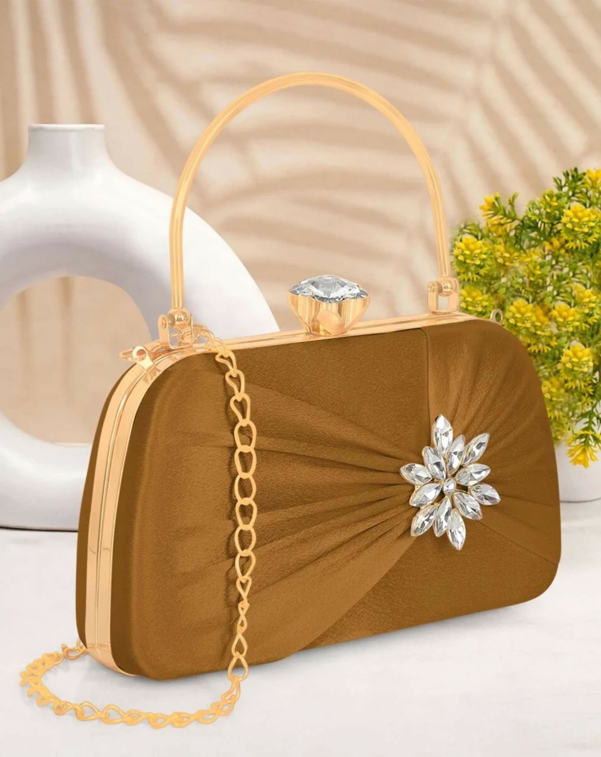 Mehndi green satin evening clutch with gold chain strap