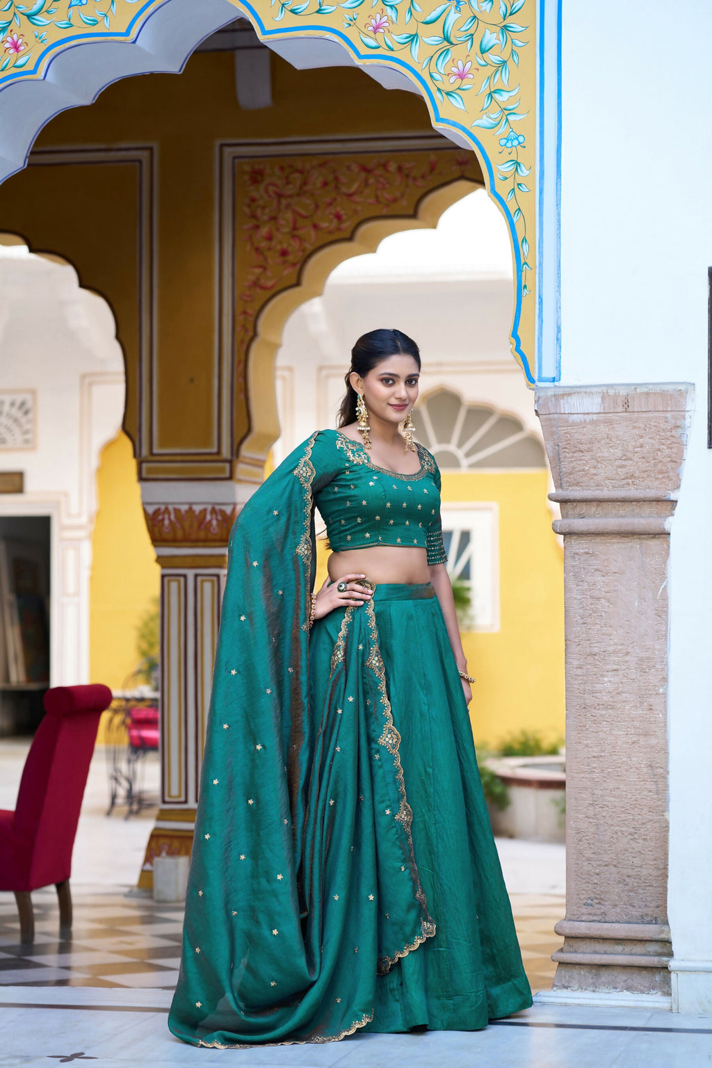 Teal NC Silk Lehenga with Embroidery Work Choli