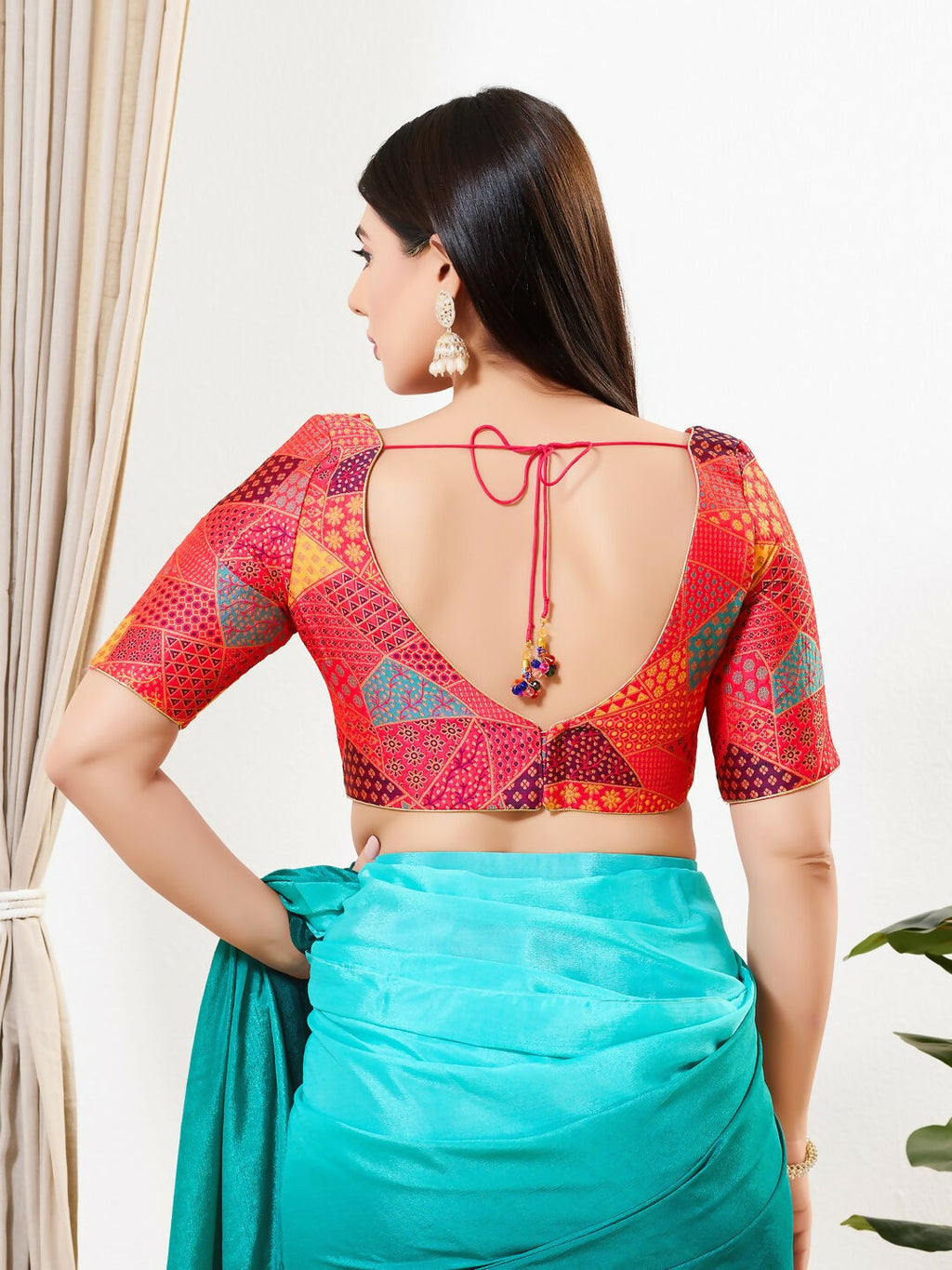 Red Brocade Padded Blouse with V Neck and Elbow Sleeves