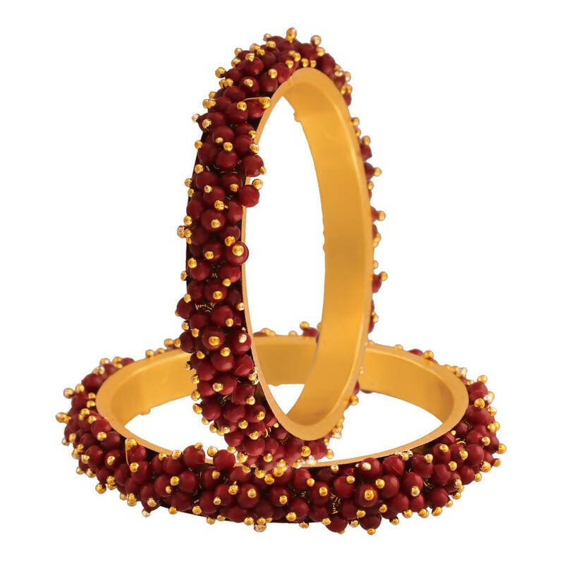 Gold-Polished Brass Bangle Set with Rich Maroon Bead Detailing