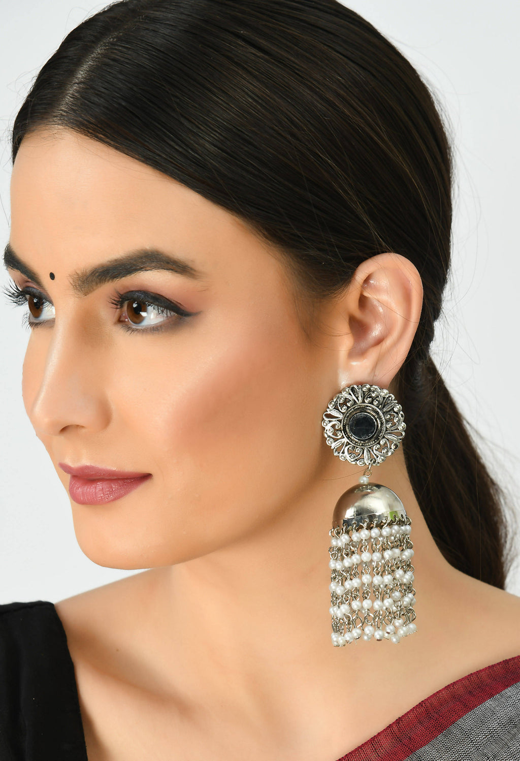 Bohemian Silver Tone Jhumka Earrings with Pearl Accents
