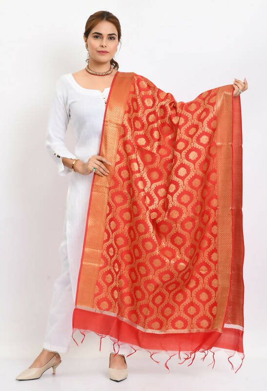 Rich red Banarasi silk dupatta with elegant all-over woven detailing
