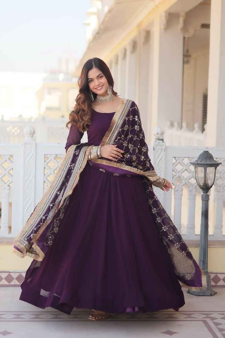 Wine colored faux blooming Anarkali dress with gold sequins embroidery