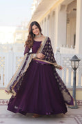 Wine colored faux blooming Anarkali dress with gold sequins embroidery