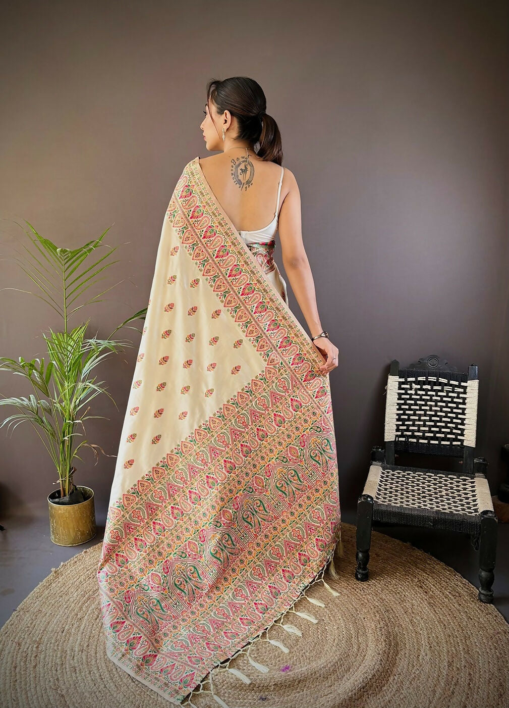 White Meena Weaves Pashmina Saree with Unstitched Blouse Piece