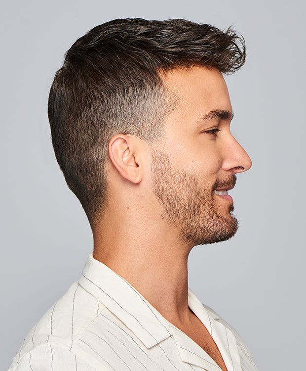 No Limit Fine Mono Lace men's hair replacement system in darkest brown and gray