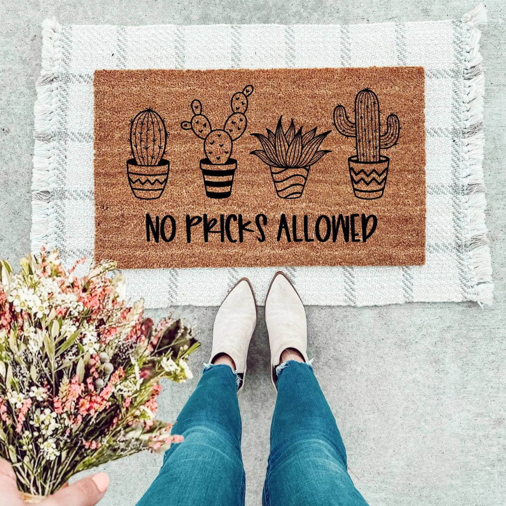 No Pricks Allowed funny brown coir doormat