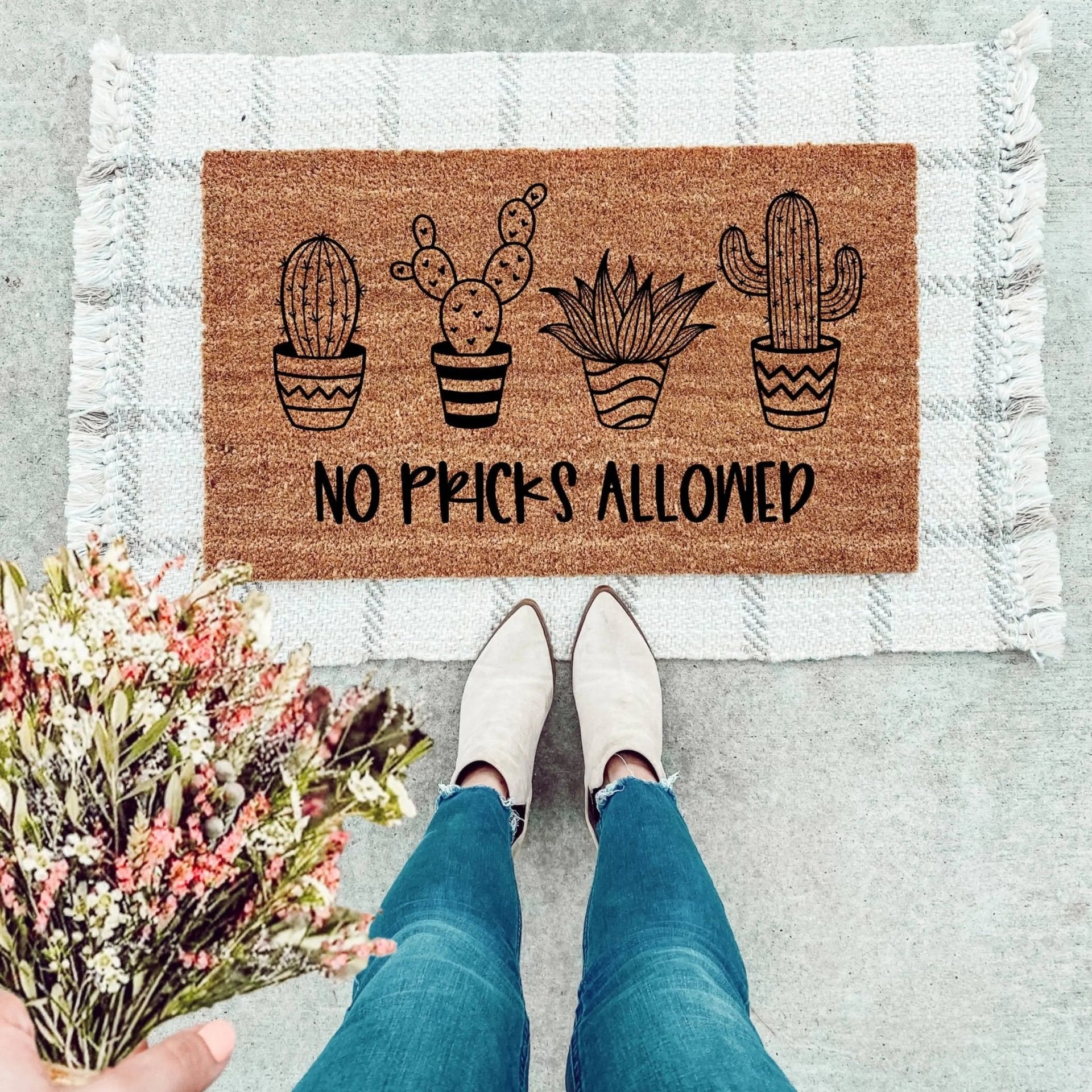 No Pricks Allowed funny brown coir doormat