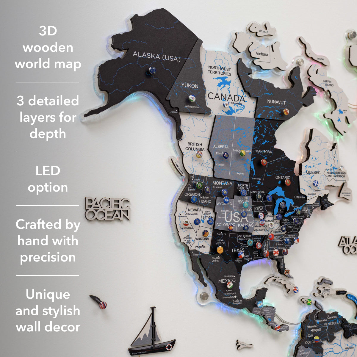 3D Luminous LED Wooden World Map 2.0 Nordik Wall Decor Art