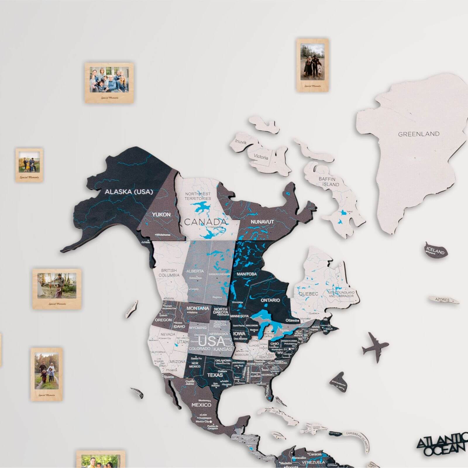 3D Wooden World Map Wall Art Set with Photo Frames and Pins