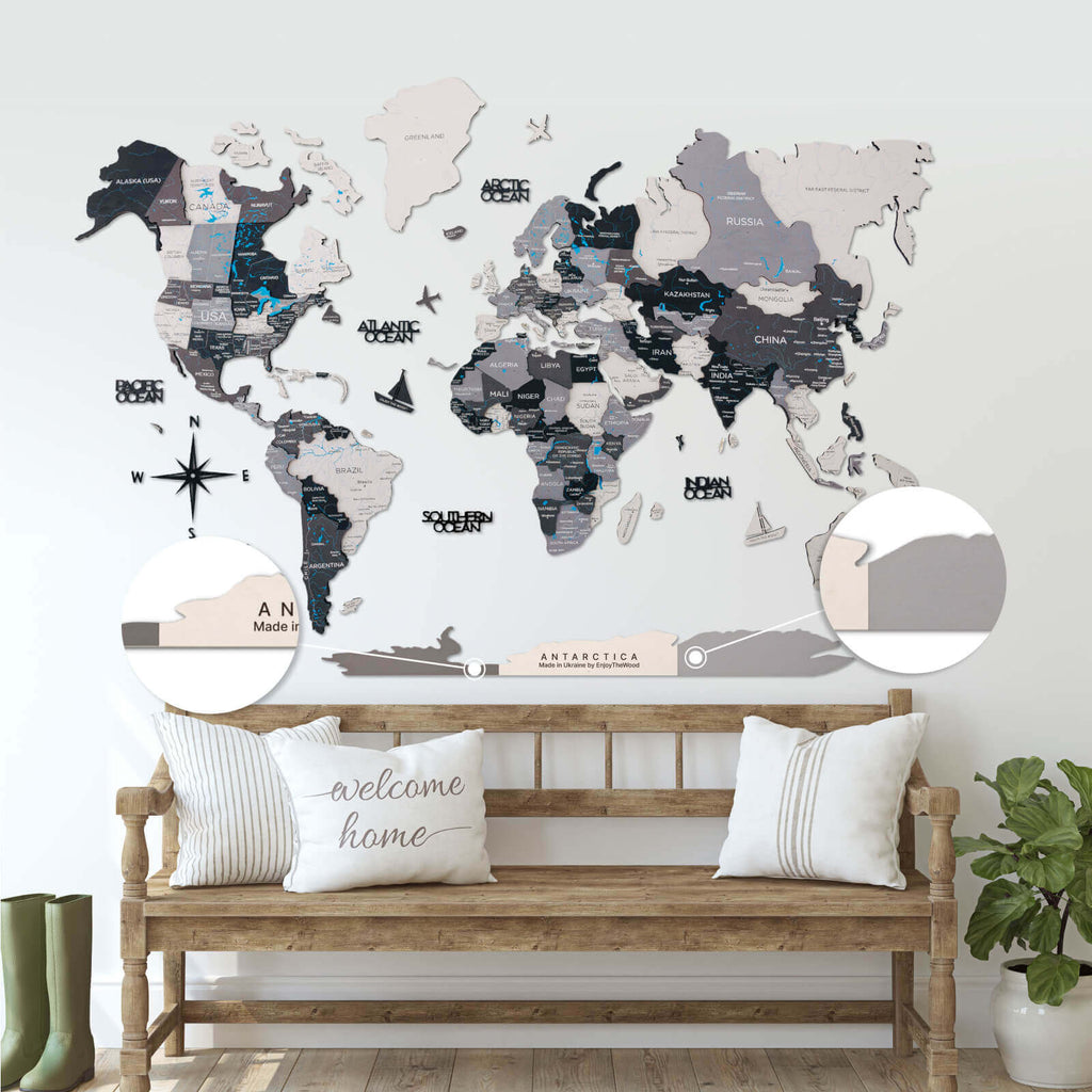 Antarctica Wooden Wall Art Map, Modern Monochrome Decor for Office
