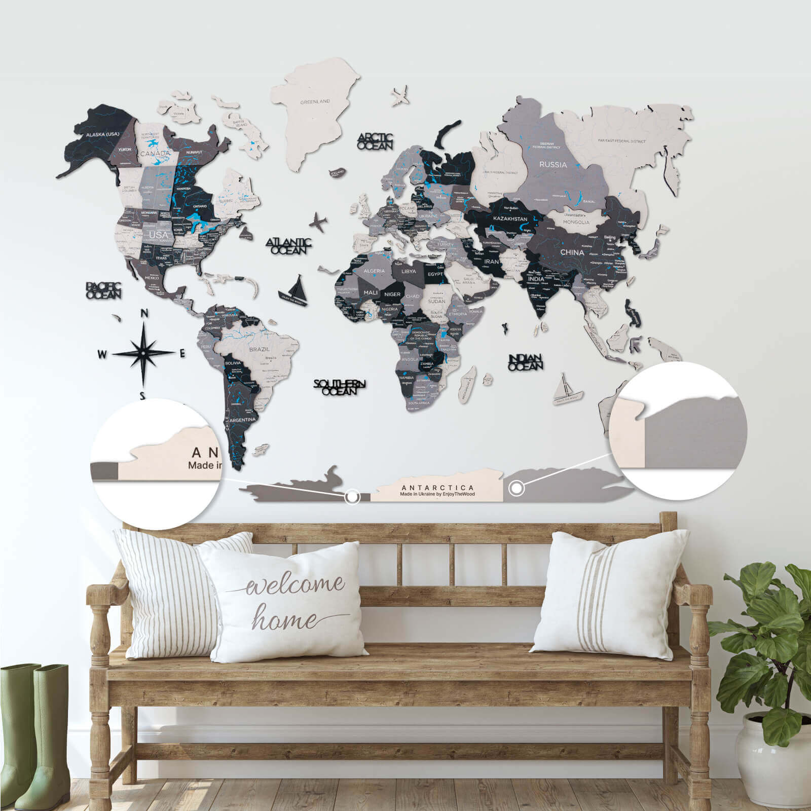Antarctica Wooden Wall Art Map, Modern Monochrome Decor for Office