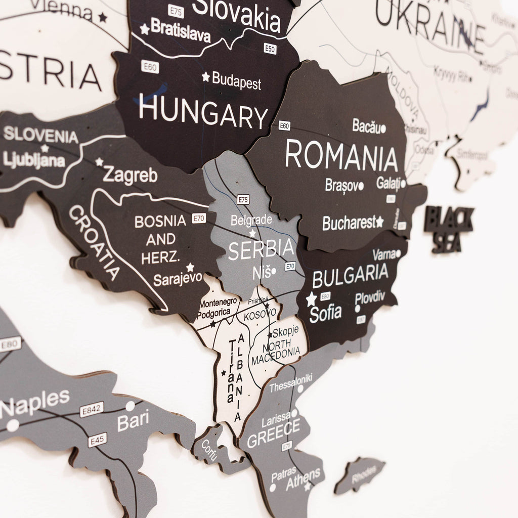 3D Europe Wooden Map in Grey, White, and Black Minimalist Wall Art