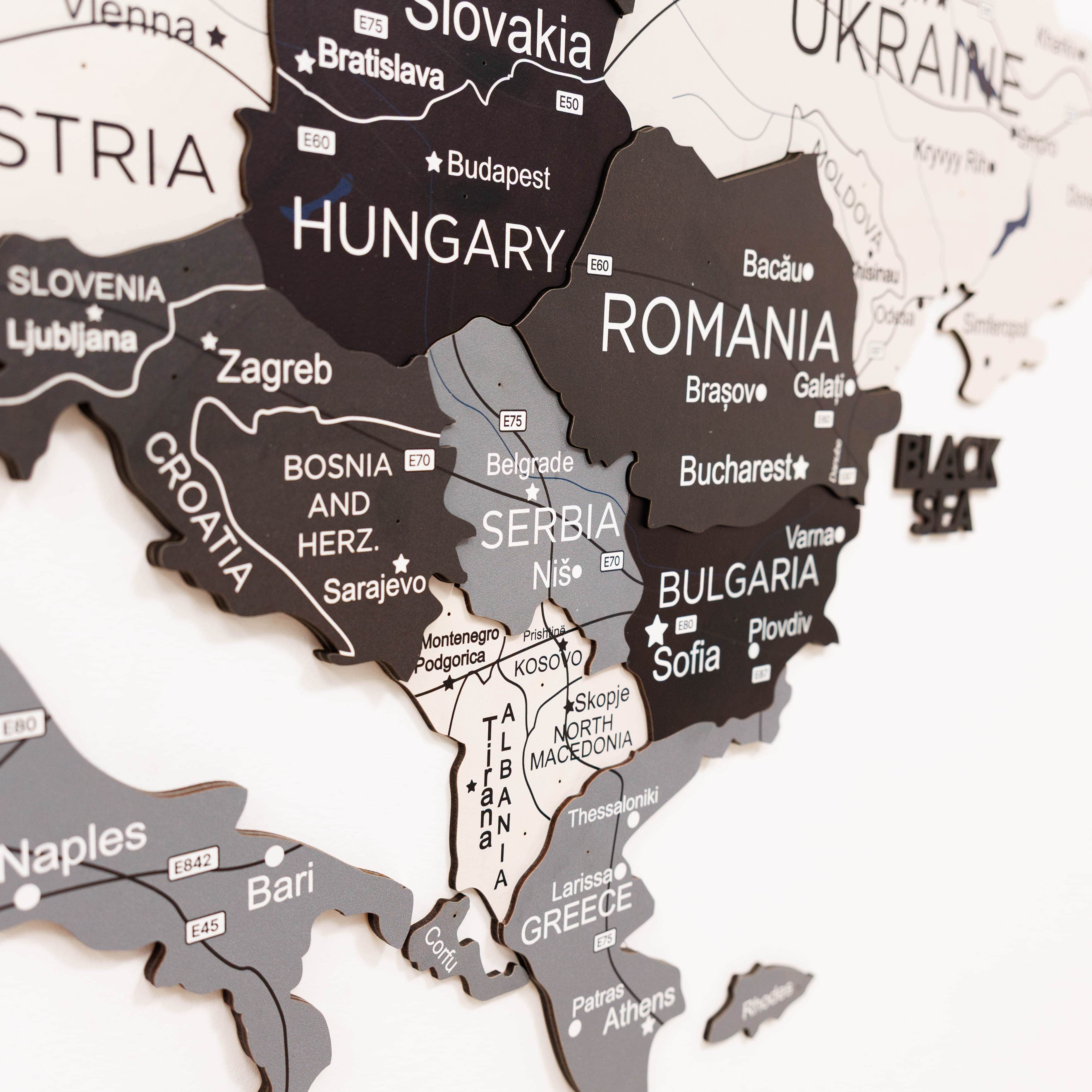 3D Europe Wooden Map in Grey, White, and Black Minimalist Wall Art
